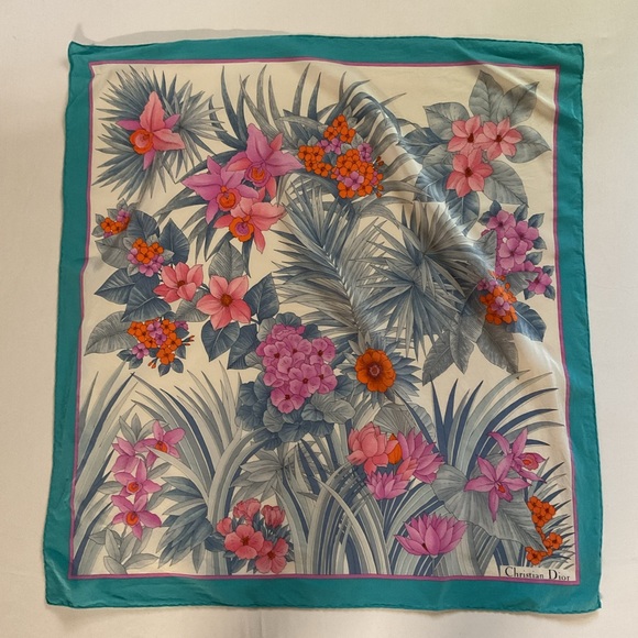 Christian Dior Vintage Silk Turquoise Floral Scarf - Picture 2 of 7